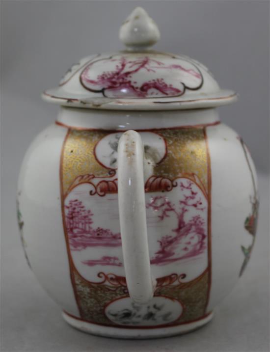 A Chinese export famille rose globular teapot, Qianlong period, 14.5cm., some damage